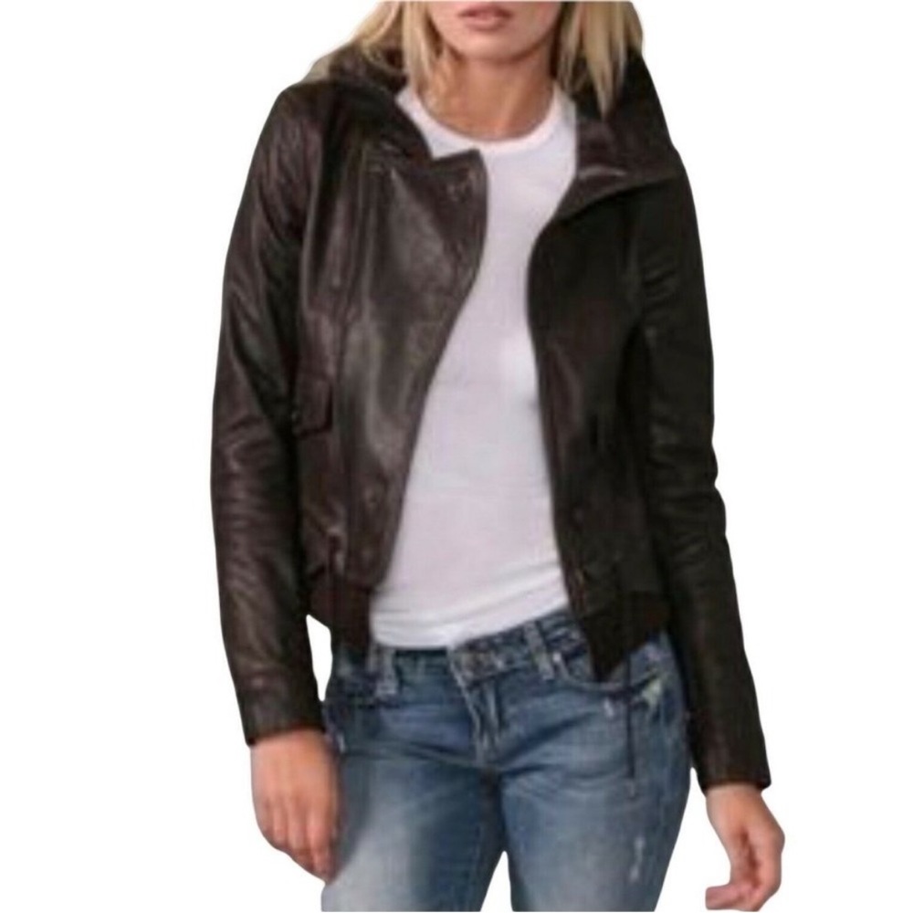 Theory Black Soft Lamb Leather Ribbed Borie Tame Bikercore Jacket Hidden Hood S